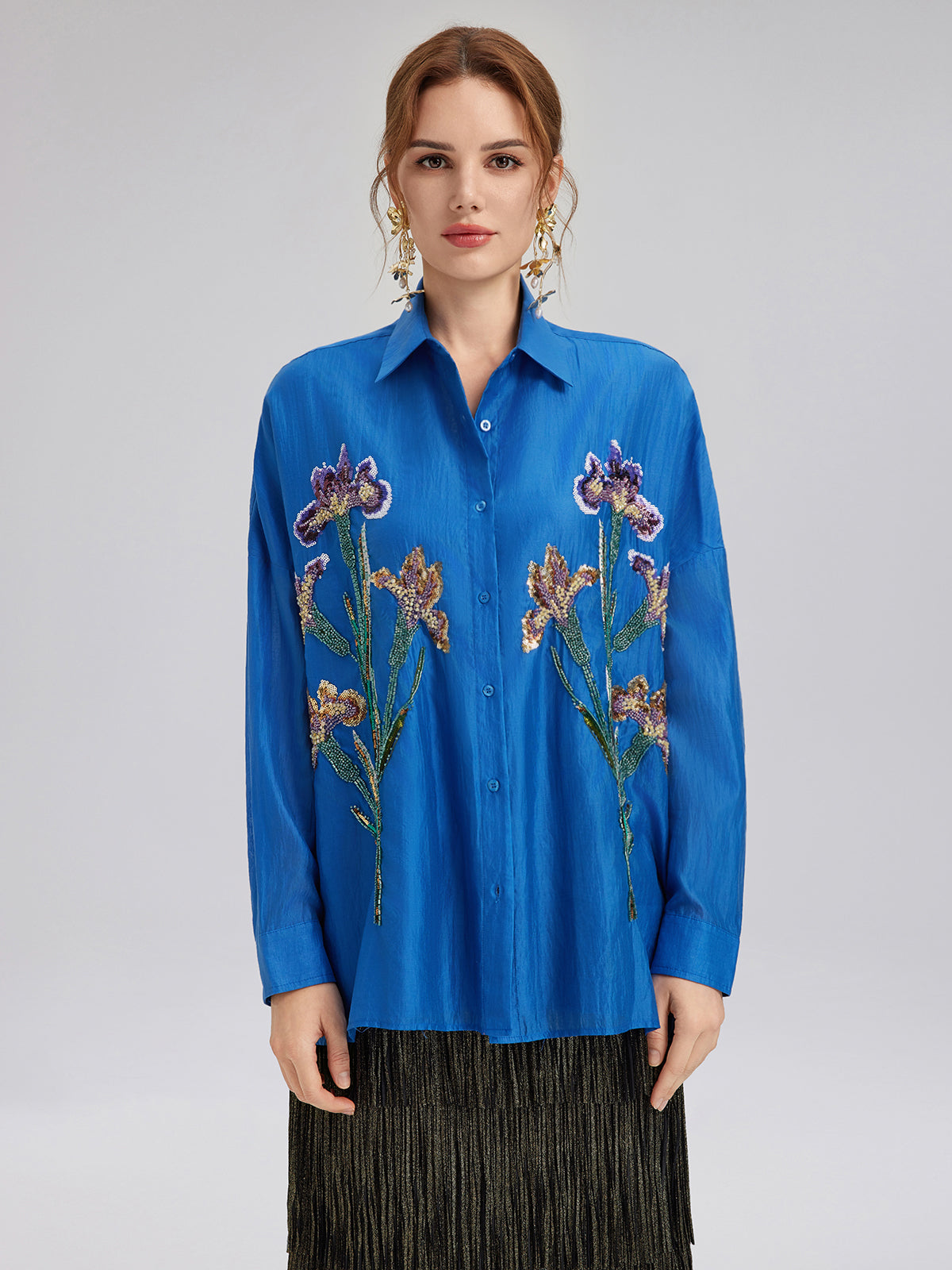 3 Boyutlu Çiçek Nakışlı Bol Gömlek