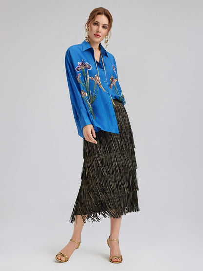 3 Boyutlu Çiçek Nakışlı Bol Gömlek