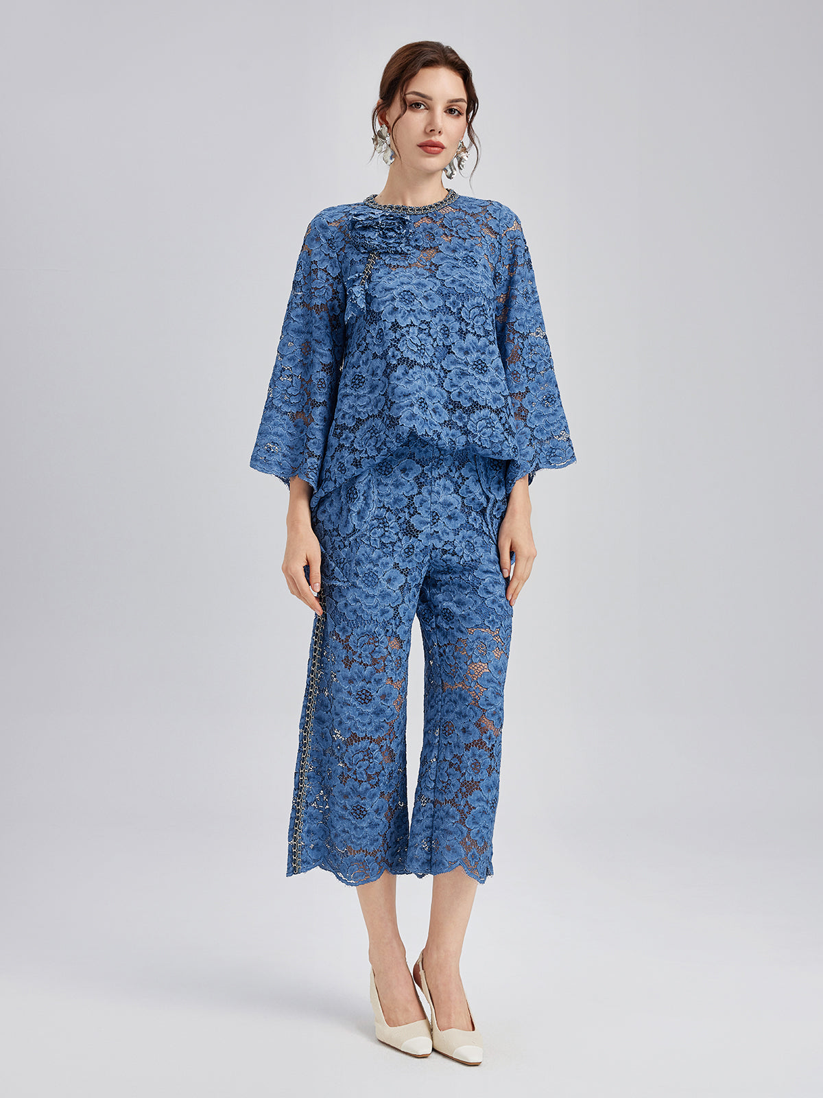 Retro Mavi Yıkamalı Dantelli Bluz