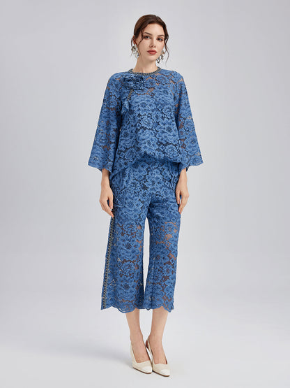 Retro Mavi Yıkamalı Dantelli Bluz