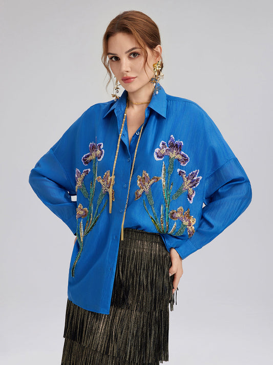 3 Boyutlu Çiçek Nakışlı Bol Gömlek