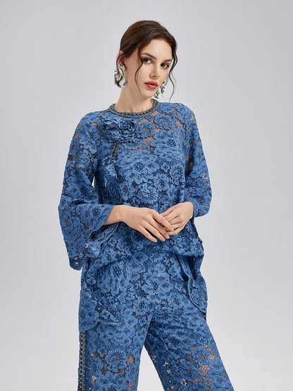 Retro Mavi Yıkamalı Dantelli Bluz