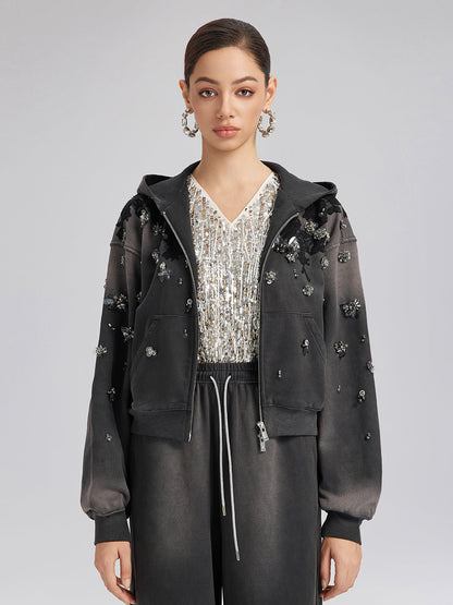 Dantelli Boncuklu Fermuarlı Kapüşonlu Üst