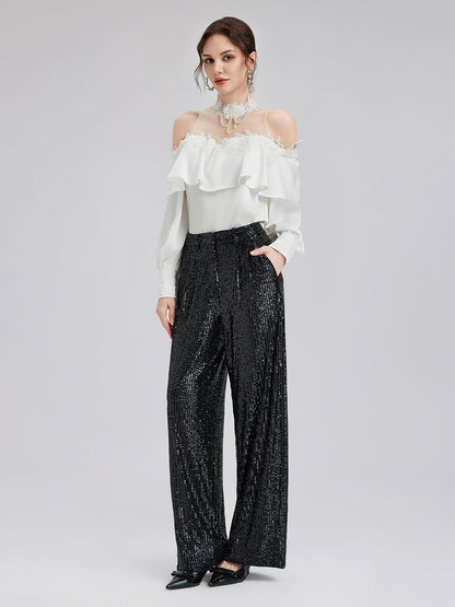 Omzu Açık Fırfırlı Dantel Tül Bluz