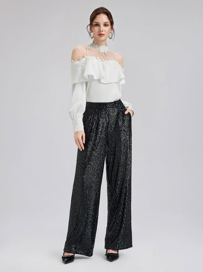 Omzu Açık Fırfırlı Dantel Tül Bluz