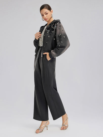 Dantelli Boncuklu Fermuarlı Kapüşonlu Üst