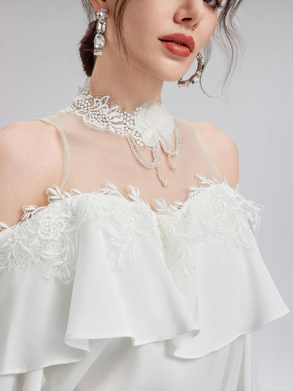 Omzu Açık Fırfırlı Dantel Tül Bluz