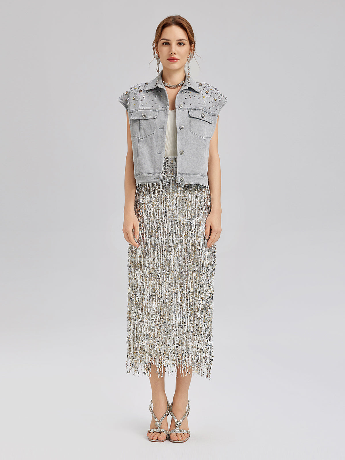 El İşlemeli Boncuklu Yumuşak Kot Yelek