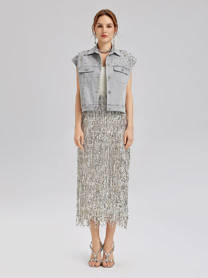 El İşlemeli Boncuklu Yumuşak Kot Yelek