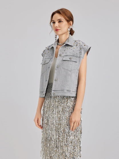 El İşlemeli Boncuklu Yumuşak Kot Yelek