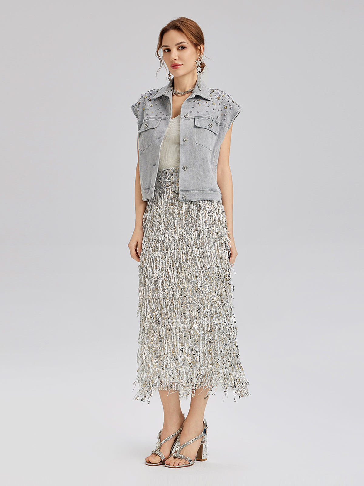 El İşlemeli Boncuklu Yumuşak Kot Yelek