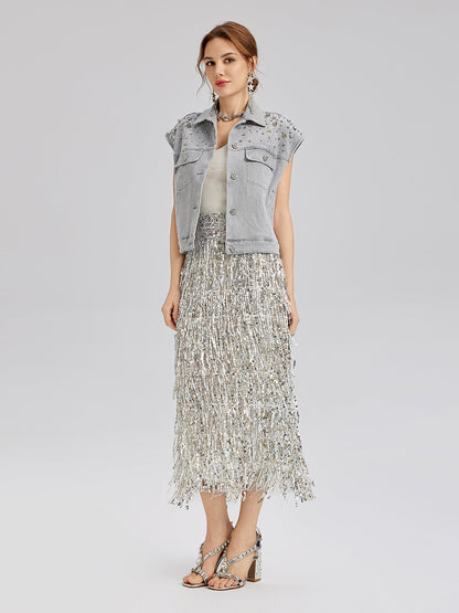 El İşlemeli Boncuklu Yumuşak Kot Yelek