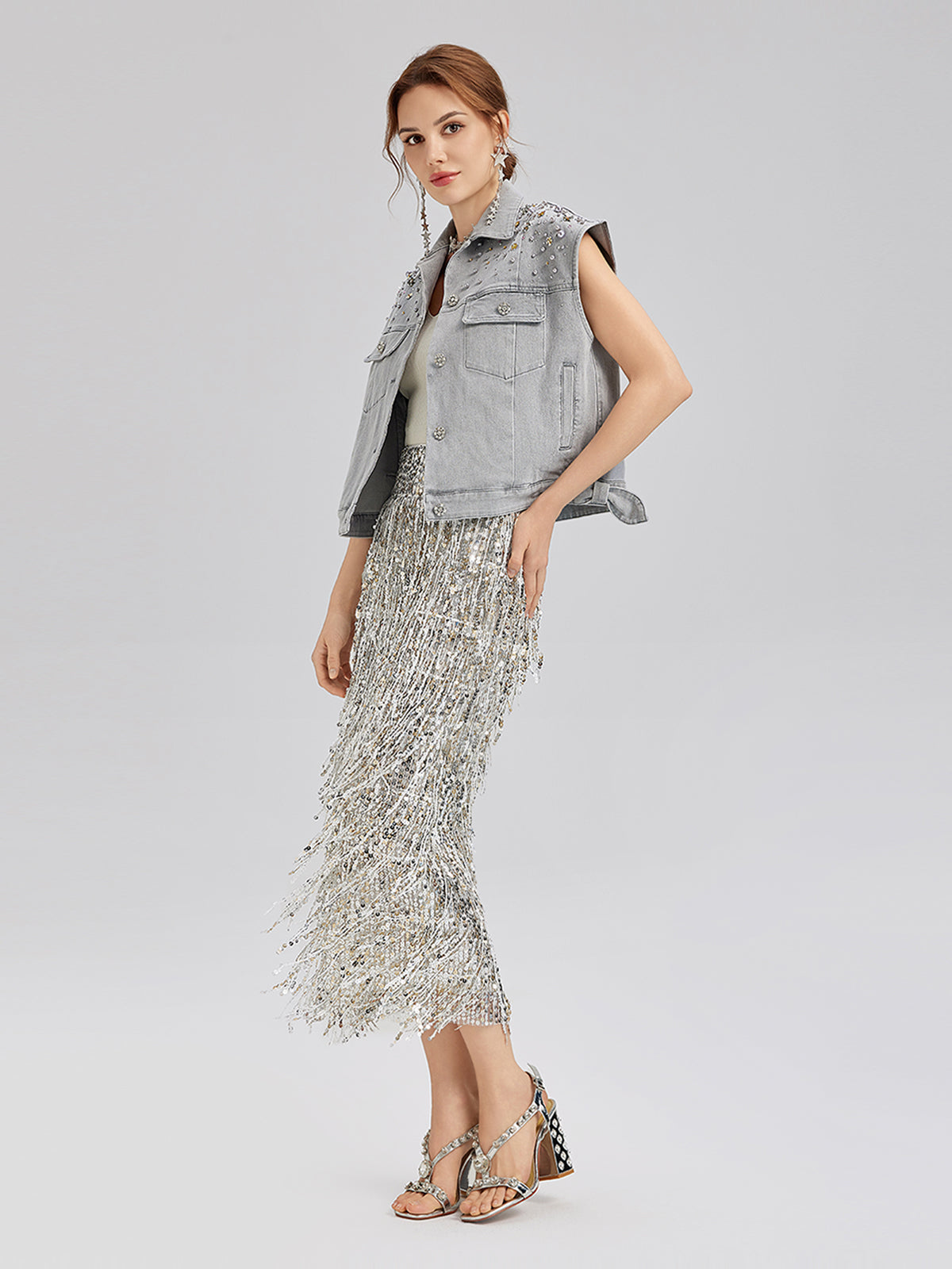 El İşlemeli Boncuklu Yumuşak Kot Yelek