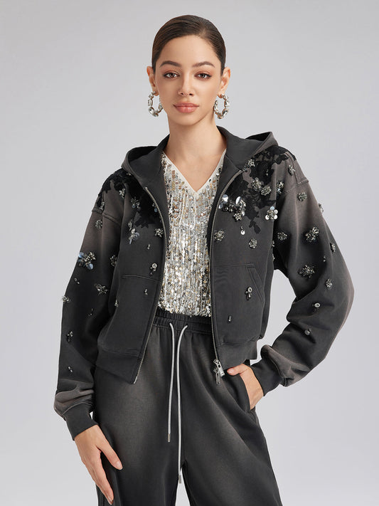 Dantelli Boncuklu Fermuarlı Kapüşonlu Üst