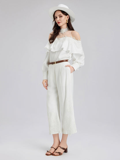 Omzu Açık Fırfırlı Dantel Tül Bluz