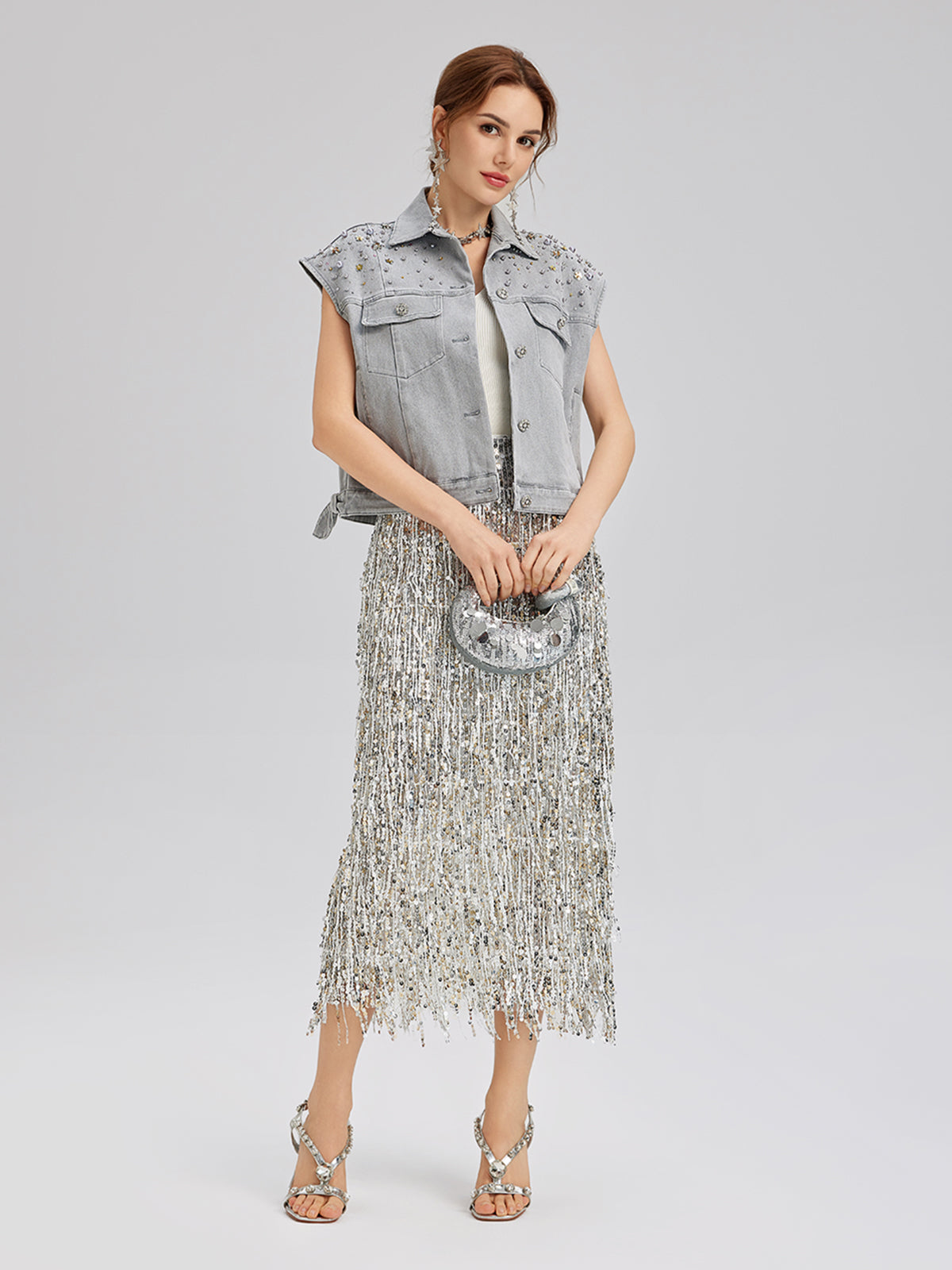 El İşlemeli Boncuklu Yumuşak Kot Yelek