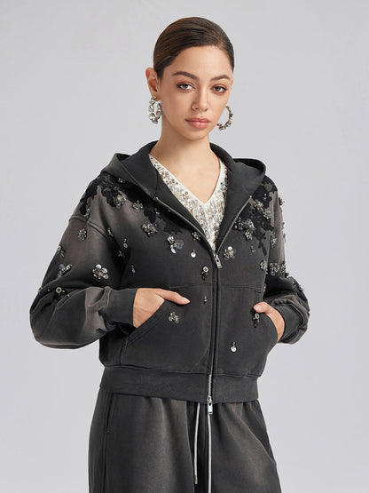 Dantelli Boncuklu Fermuarlı Kapüşonlu Üst