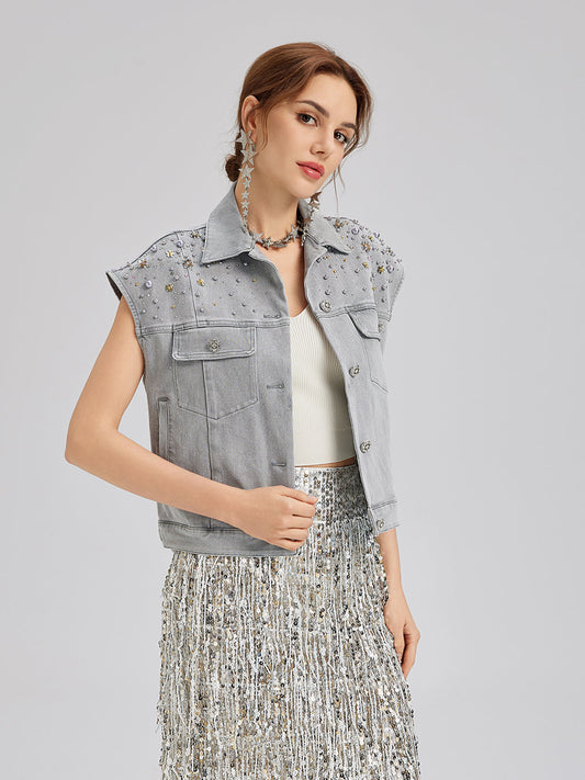 El İşlemeli Boncuklu Yumuşak Kot Yelek