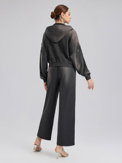 Dantelli Boncuklu Fermuarlı Kapüşonlu Üst