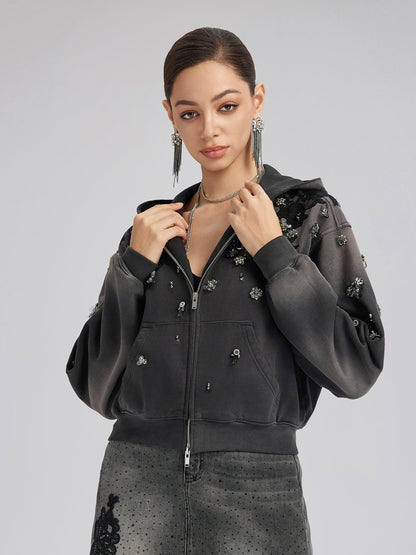 Dantelli Boncuklu Fermuarlı Kapüşonlu Üst