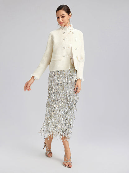 Yün Pullu Nakışlı Yuvarlak Yaka Ceket (%100 Yün)