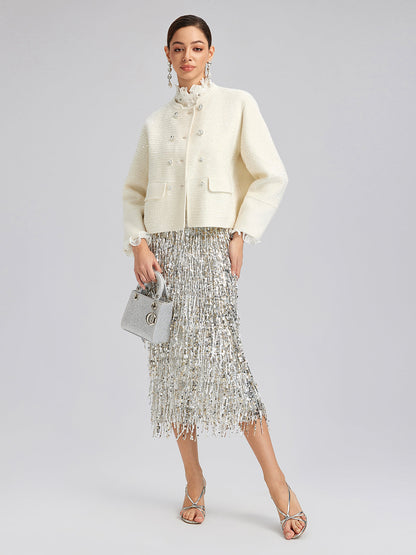 Yün Pullu Nakışlı Yuvarlak Yaka Ceket (%100 Yün)