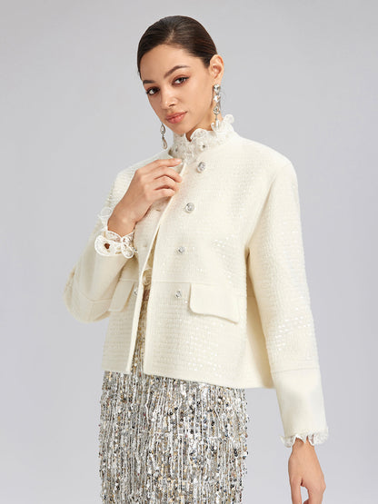 Yün Pullu Nakışlı Yuvarlak Yaka Ceket (%100 Yün)