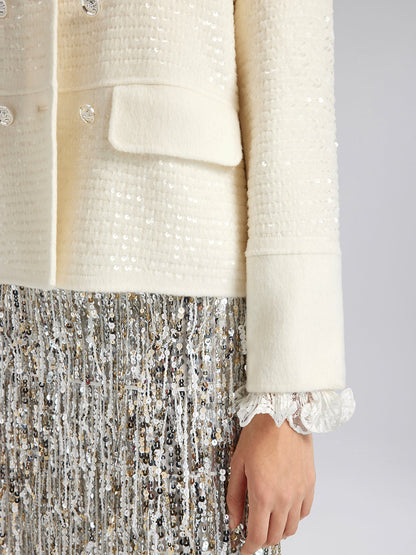 Yün Pullu Nakışlı Yuvarlak Yaka Ceket (%100 Yün)