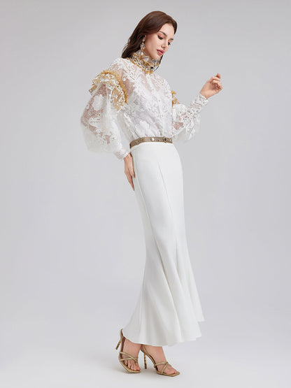 Barok Dantel Nakışlı Dik Yaka Bluz