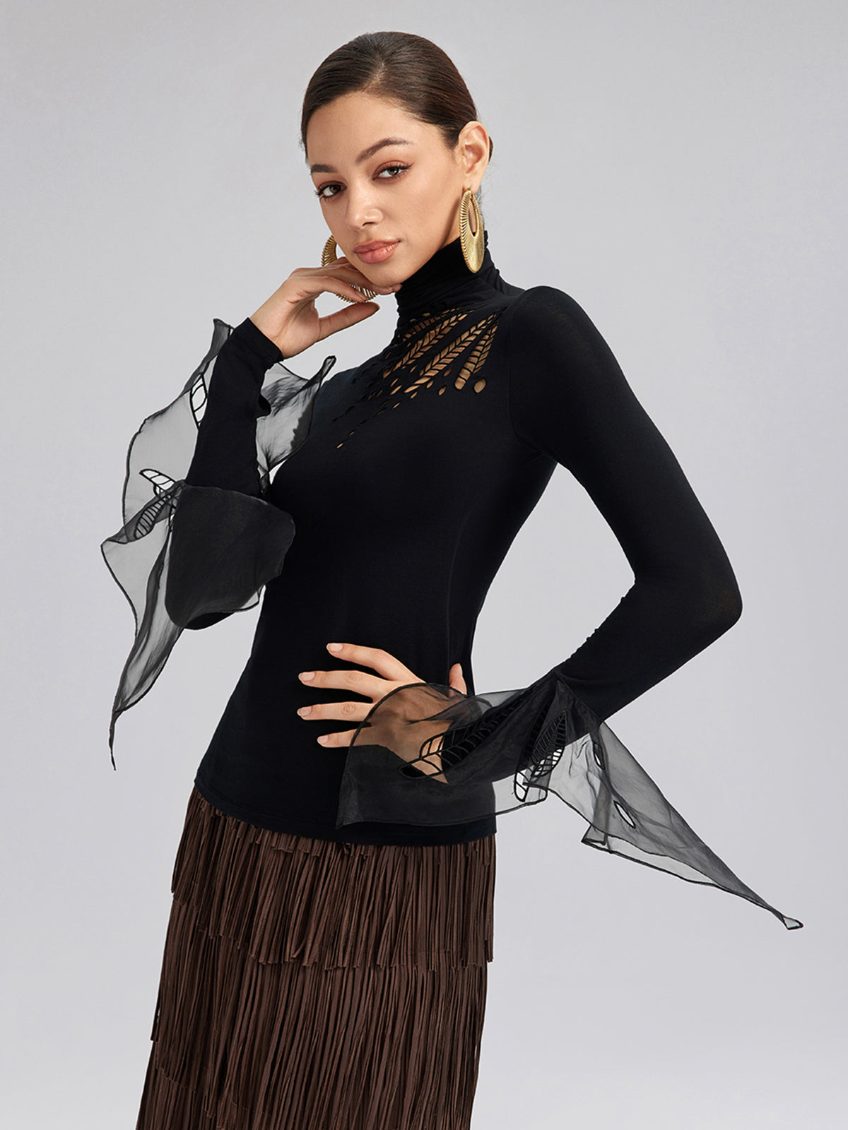 Pencereli Esnek Puantiyeli Tül Bluz