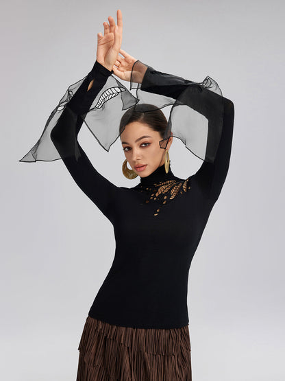 Pencereli Esnek Puantiyeli Tül Bluz