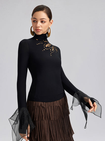 Pencereli Esnek Puantiyeli Tül Bluz