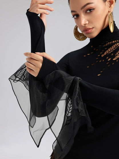 Pencereli Esnek Puantiyeli Tül Bluz