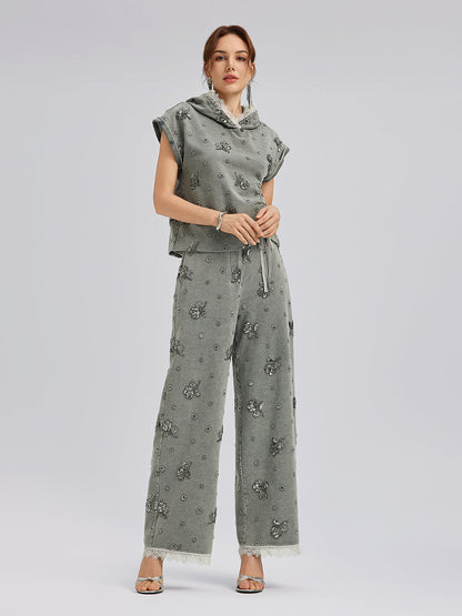 Parça Boyama Boncuklu Kapüşonlu Üst