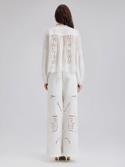 Keten Nakışlı Delikli Tatil Pantolonu