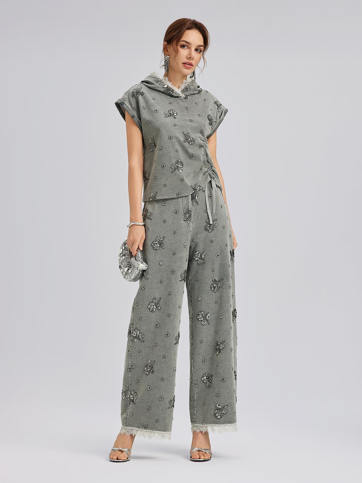 Parça Boyama Boncuklu Dantel Kenarlı Pantolon