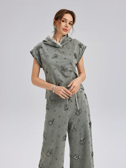 Parça Boyama Boncuklu Kapüşonlu Üst