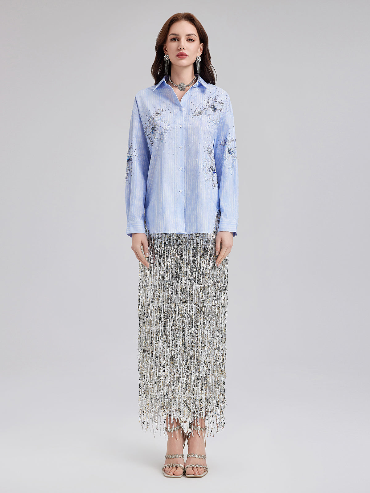 El İşlemeli Boncuklu Çiçekli Çizgili Gömlek