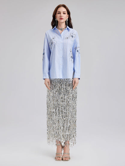 El İşlemeli Boncuklu Çiçekli Çizgili Gömlek