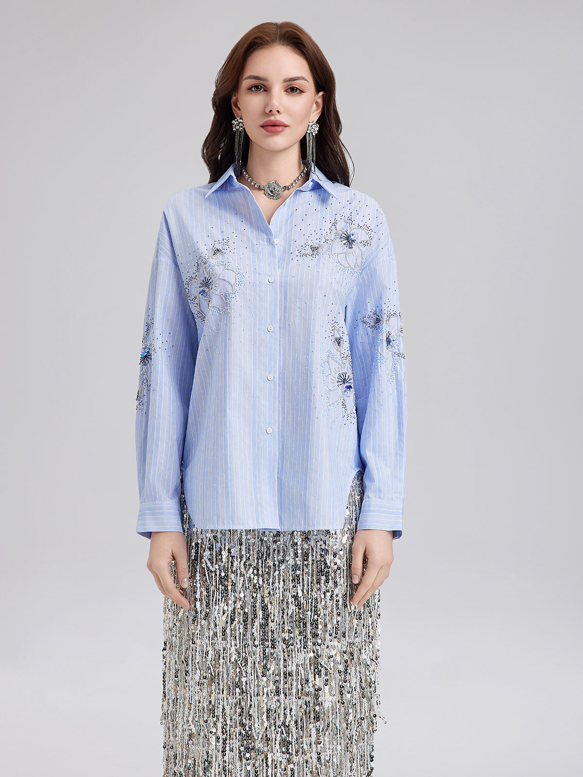 El İşlemeli Boncuklu Çiçekli Çizgili Gömlek