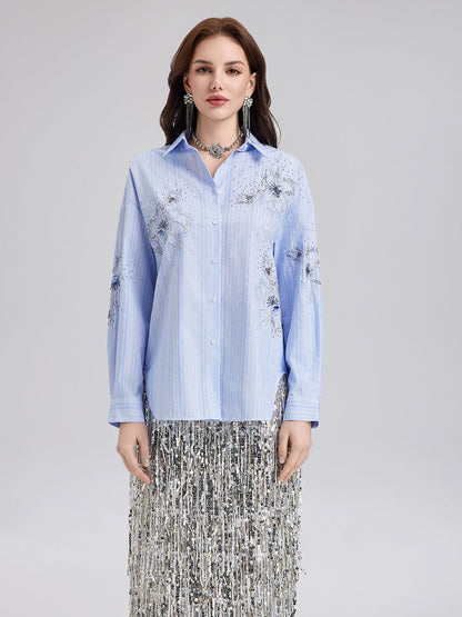 El İşlemeli Boncuklu Çiçekli Çizgili Gömlek