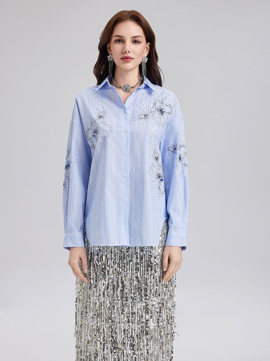 El İşlemeli Boncuklu Çiçekli Çizgili Gömlek