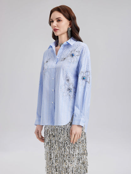 El İşlemeli Boncuklu Çiçekli Çizgili Gömlek