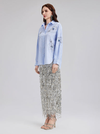 El İşlemeli Boncuklu Çiçekli Çizgili Gömlek