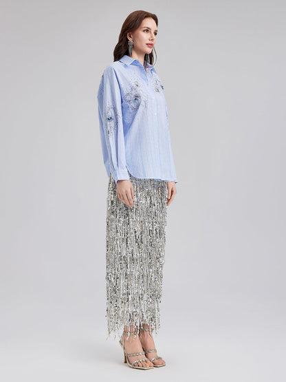 El İşlemeli Boncuklu Çiçekli Çizgili Gömlek