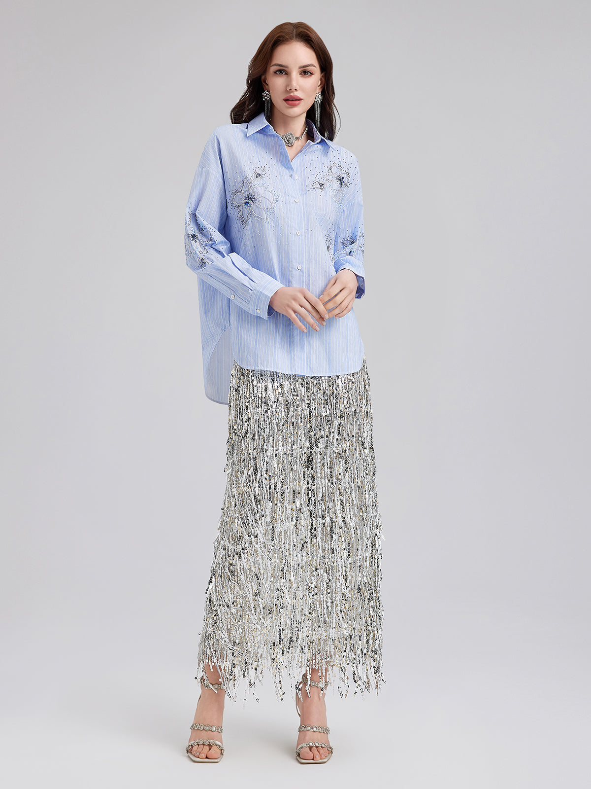 El İşlemeli Boncuklu Çiçekli Çizgili Gömlek