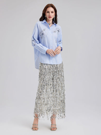 El İşlemeli Boncuklu Çiçekli Çizgili Gömlek