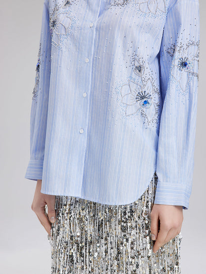 El İşlemeli Boncuklu Çiçekli Çizgili Gömlek