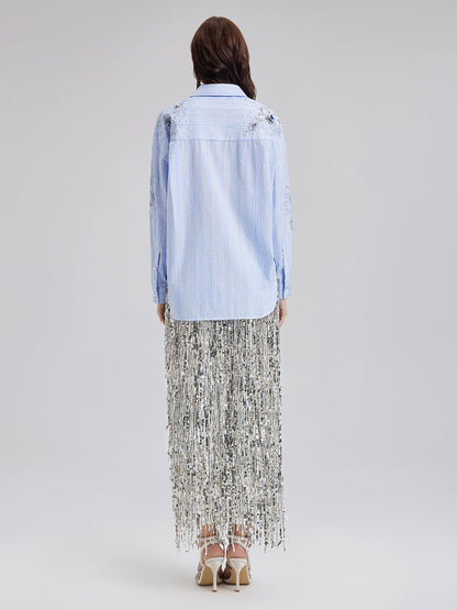 El İşlemeli Boncuklu Çiçekli Çizgili Gömlek