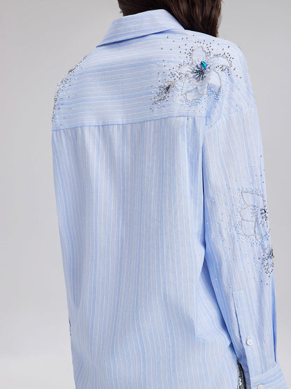 El İşlemeli Boncuklu Çiçekli Çizgili Gömlek